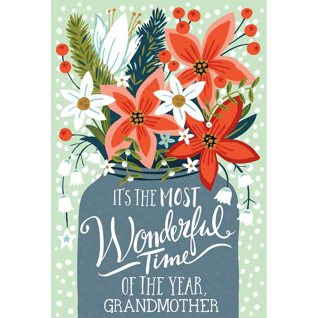 Pictura Christmas card featuring poinsettias in a vase, designed for grandmother, with festive holiday imagery.